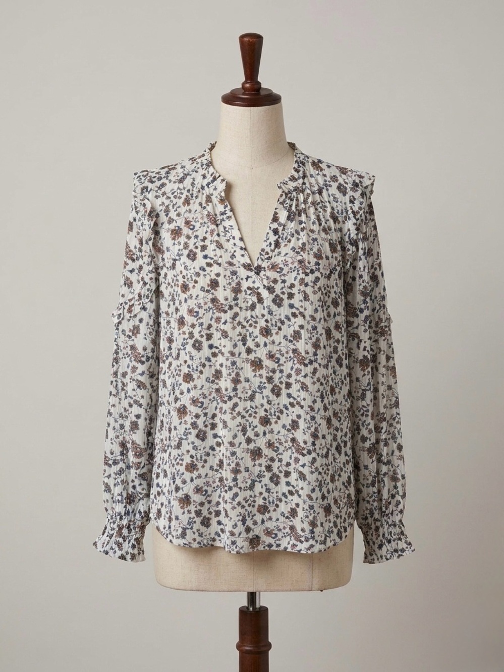 LOFT White Floral V-Neck Long Sleeve Blouse with Multicolor Print
